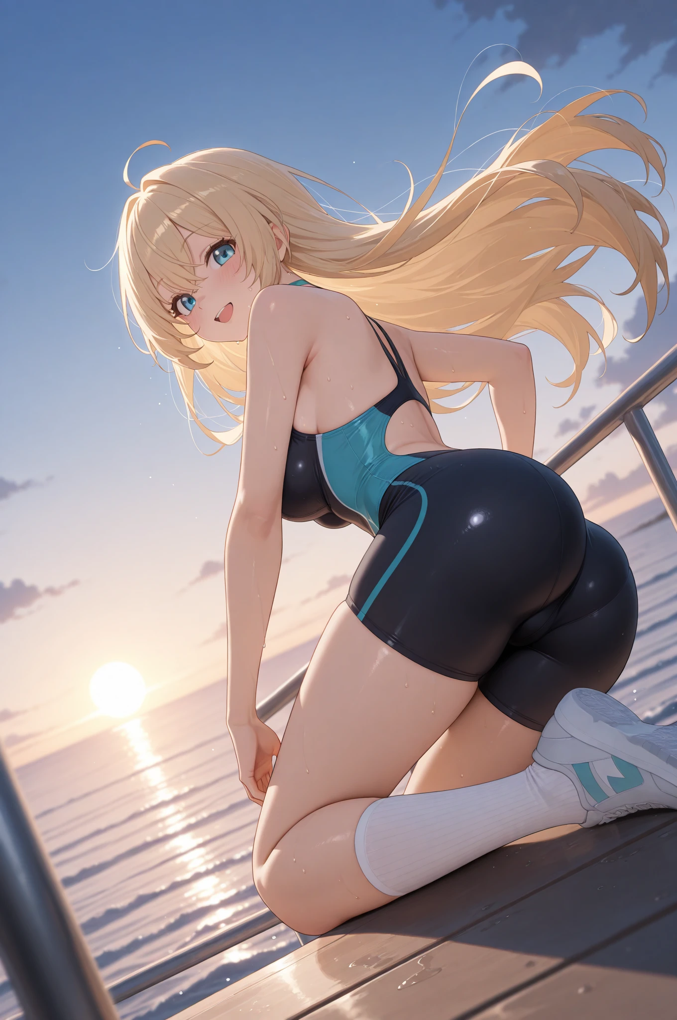adjusting swimsuit,anus,ass,blonde hair,blue swimsuit,elbow gloves,female,gloves,long hair,pussy,solo,swimsuit,twintails,white gloves