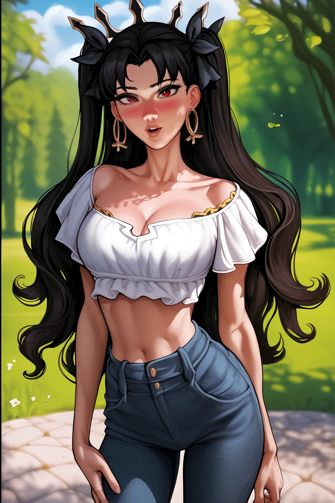Create a detailed illustration of a beautiful gypsy woman named Esmeralda. She has long, wavy black hair, deep brown eyes, and sun-kissed skin with faint freckles. Esmeralda is wearing a white, buttoned blouse that is slightly open at the top, paired with comfortable, practical jeans and a wide belt. She adorns herself with bohemian accessories: a black choker, layered gold necklaces, bracelets, and rings, each with symbolic meanings. Her look is both enchanting and mysterious. Esmeralda has a confident, independent demeanor, with a touch of playfulness in her expression. She is sitting casually on a chair, exuding a sense of wisdom and strength. The background is simple and light, drawing focus to her charismatic presence.