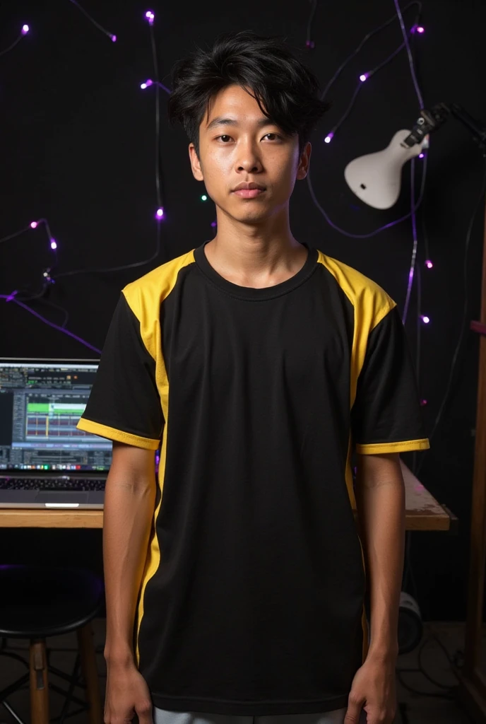 realistic caricature, a young Indonesian wearing a snap back hat sits in front of the screen, chest-high table in front of him, wearing a blazer and t-shirt that says DEMONBTX ,in the recording studio, apparently explaining something
