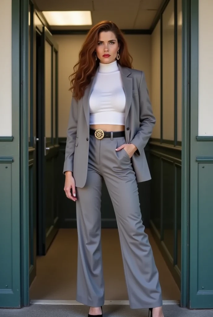 You can create a woman with full body honey-colored curly hair with black boots and a bag on the side with soft black flared pants and a short gray closed blazer, the short-sleeved short-length blazer THAT IS CLOSED AND THAT ITS EYE IS SHORT THAT THE BLAZER IS CLOSED