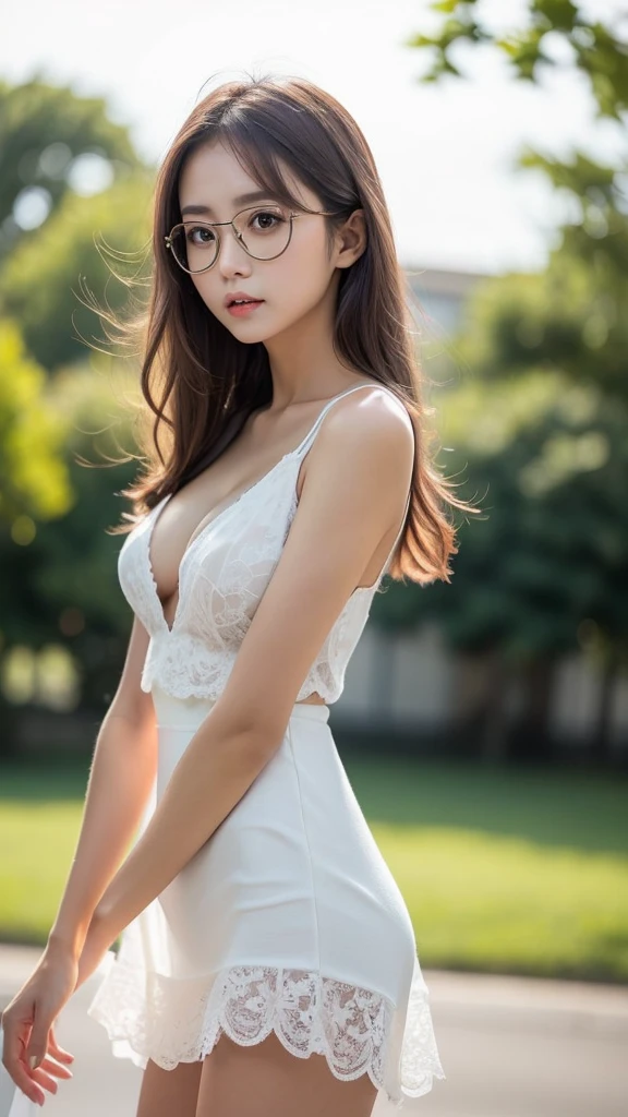 Beautiful young Indian girl, glasses, tiny ruffled dress, sunlight, sun on fabric, large neckline, hyperrealistic, 14 years old, model body, small breasts, beautiful breasts, big coatis, long hair, long legs, 8k, 超High resolution, best quality, RAW Oriental House portrait, cherry blossom, sunrise, ambient lighting, detailed shadows, camera focus on thighs, Cute pose showing thighs