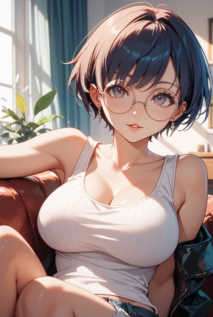 masterpiece, Super detailed, 8K Portrait, RAW Photos, Portrait Photography, Highly detailed face, 1 female, (Fighting Pose), 33 years old, (Small eyes), Glasses, (Black short bob hair), (Hair on one eye), (White skin color), (Loungewear:1.5), Midday Sun, Ultra-realistic, Body Model, (Small breasts:1.2), Beautiful breasts, (Big Ass), Long legs, living room, Ambient Lighting, Shadow Details, Camera focus on face, Strong winds, Light fog, ,Luxurious white lace bra, A shy smile, The gesture of brushing one's hair back,