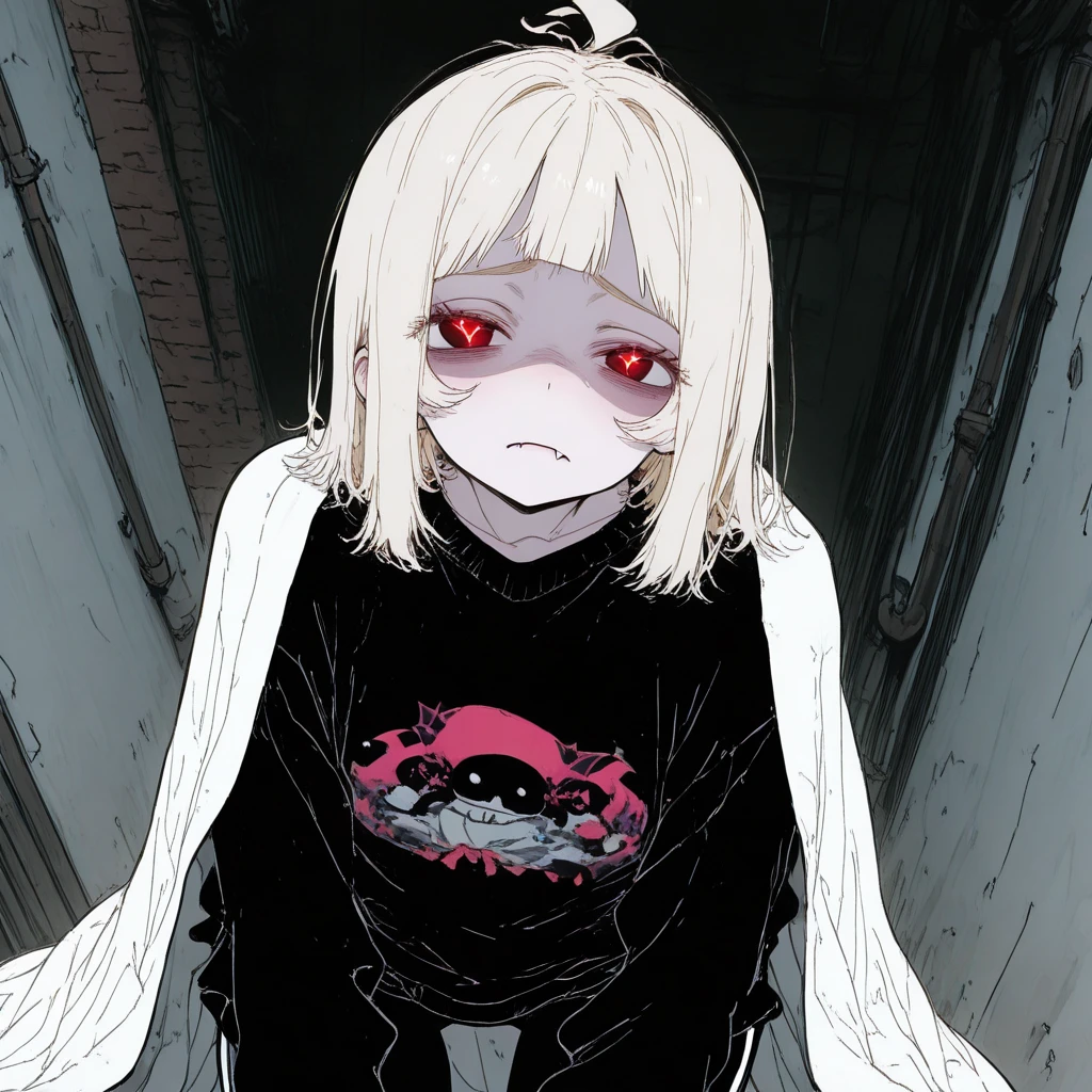Albino hair anime girl with short shoulder length hair, his eyes are bright red. female figure, He wears a black sweatshirt with an X in the center. He has an oni mask that covers his face., black jean shorts and black sneakers. In a desolate wasteland