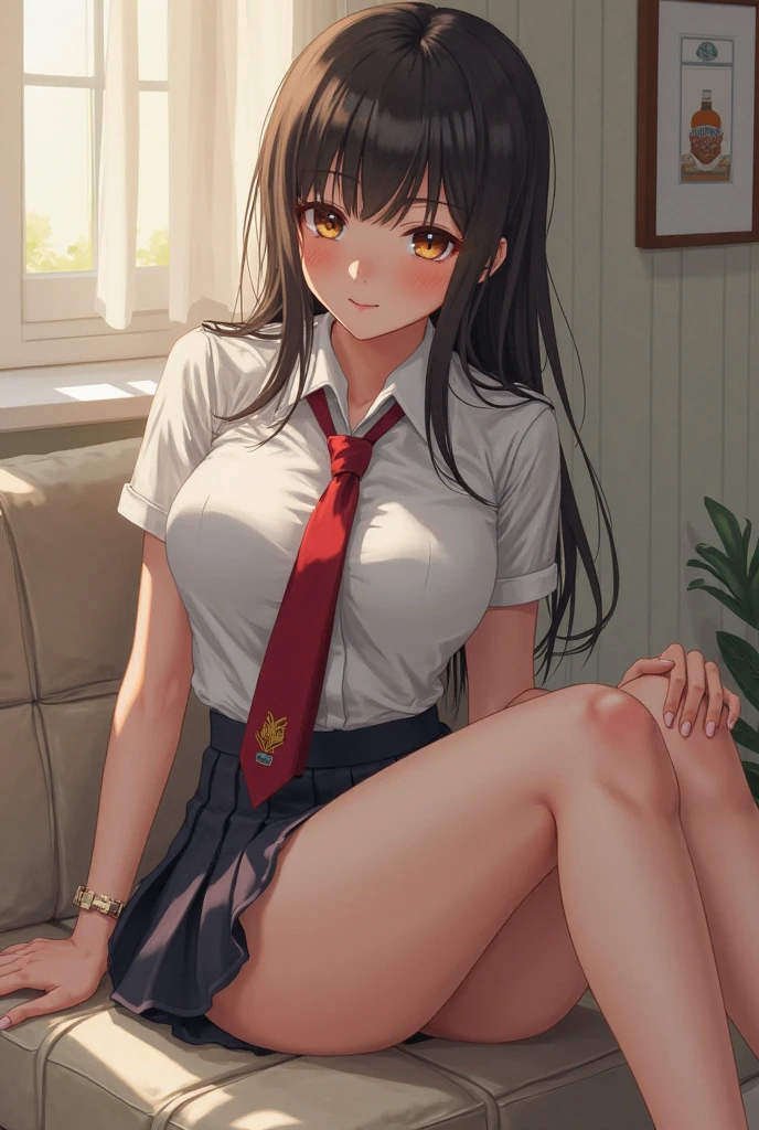 1girl, bare legs, black hair, blush, bow, bowtie, closed mouth, collared shirt, dress shirt, flashing, white shirt, hair between eyes, indoors, knee up, lips, long hair, looking at viewer, miniskirt, pleated skirt, red ribbon, reflection, , shiny skin, shirt, short sleeves, sitting, skirt, large breasts, smile, sneakers, solo, yellow eyes, masterpiece, best quality, highres, official art, extremely detailed cg unity 8k wallpaper