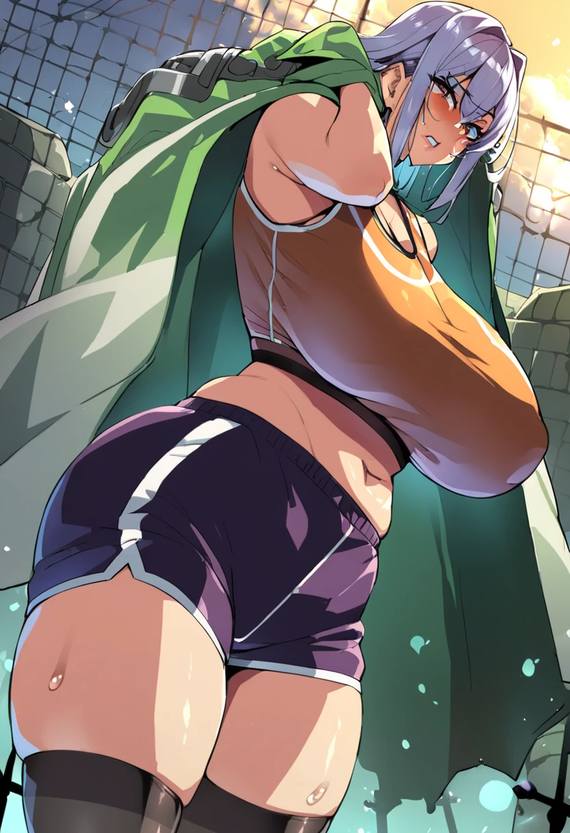 tennis girl's massive vagina out of bottomless spaghetti strap tank top out bare and wet boots spreading her legs, gloved hands hidden behind head, blindfold