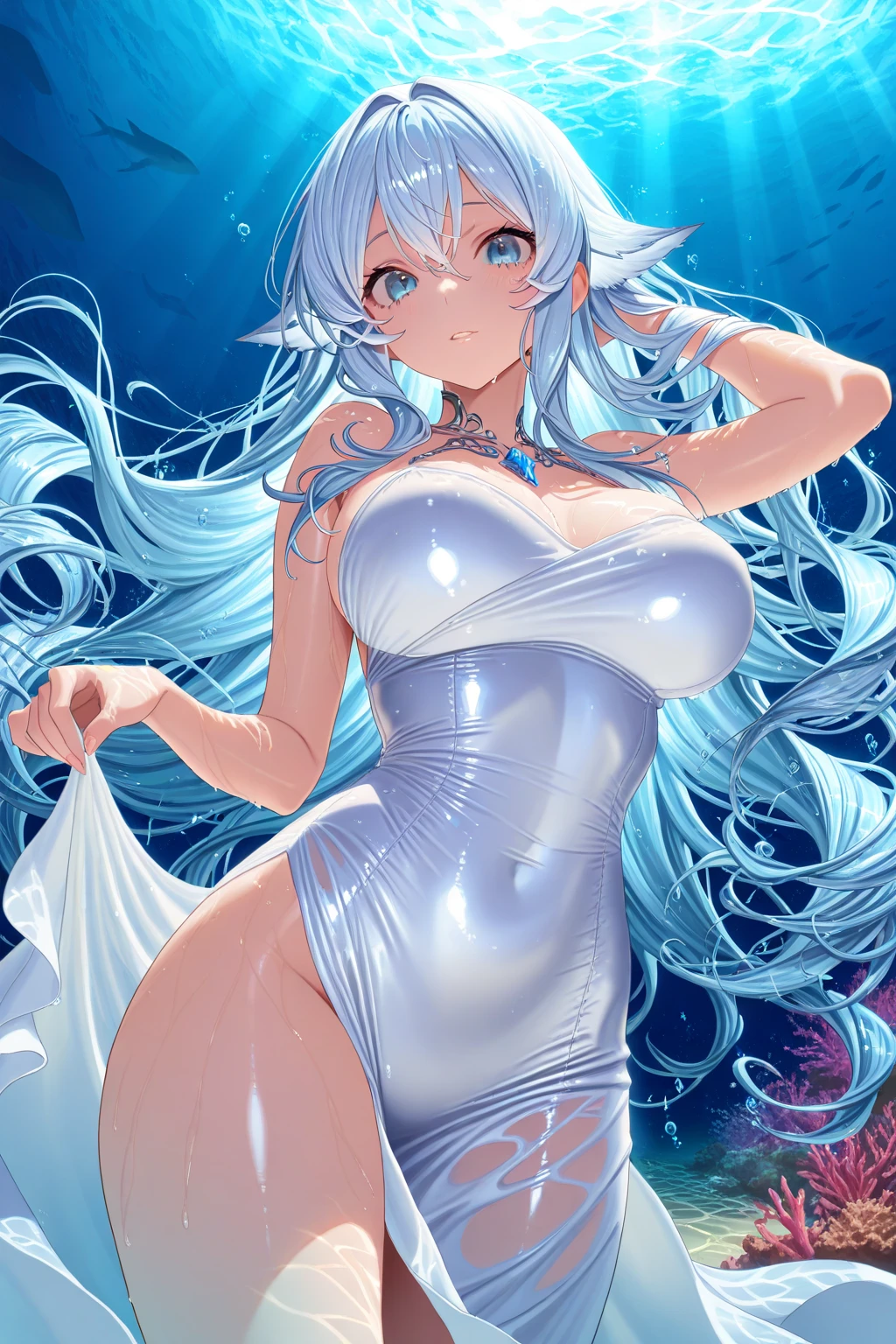 Long random color hair，Eye color random，Sexy transparent colonial dress, Perfect body, Chest Clearance, Well-defined collarbone, Surreal, lifelike, detailed, Perky transparent nipples, Wet clothes(whole body:1.1),cross，Saint，best quality，Large Breasts，Big Ass。