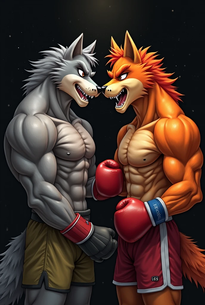A digital illustration depicting a fierce boxing match between a muscular orange cat and a muscular white wolf, both wearing red boxing shorts and gloves. They are positioned in a boxing ring, surrounded by spectators, with dramatic lightning in the background enhancing the intense atmosphere. The cat is on the left, showing assertiveness, while the dog stands confidently on the right, both animals showing expressions of aggression.
Cinematic style, hyperrealistic, high quality, ultra realistic, high quality portrait, Cinematic Background,
