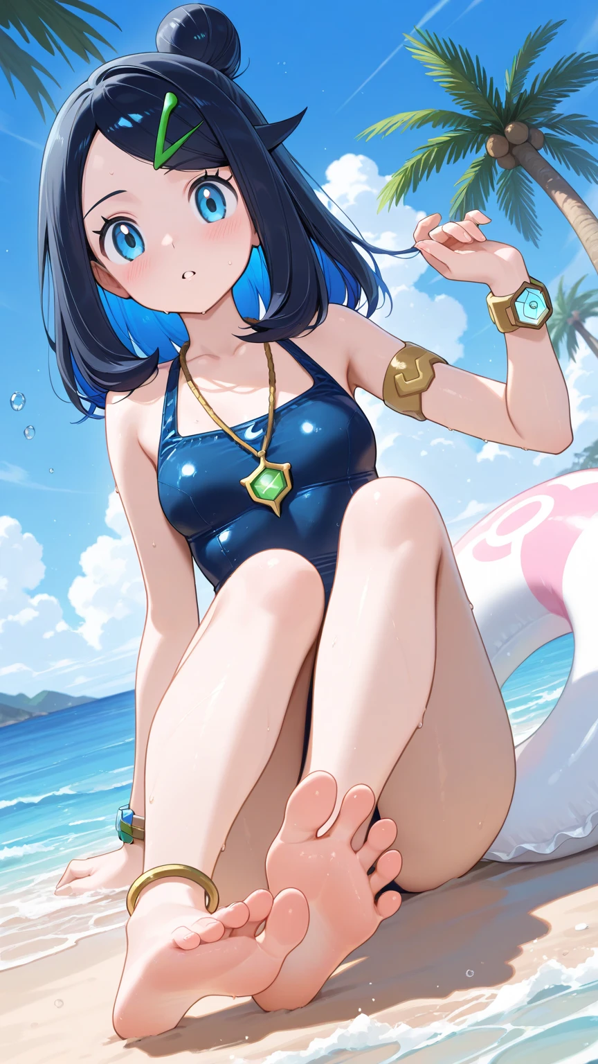 ((Highest quality)), ((masterpiece)), ((detailed)),((Browsing Caution)) floor of rubber Water Cushion　{{nsfw}} Sujiman　Tight　Transparent underwear　(Black dragon cleanness penis)Dragon with girl　Crossing legs

(Transparent　Swimwear) 　(Transparent knee-high socks) Transparent towel blue hair,Red Eye,Long Hair　Black sandals
 (Hot and glowing skin) Wet