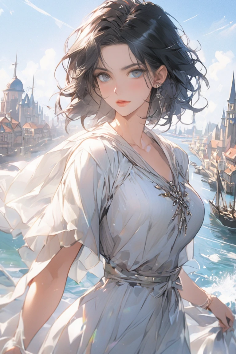 Drawing of a woman in a white dress sitting on blue waves，Holding a diary，Wearing a necklace with a Tuscan-colored gemstone pendant，有新海诚Cyril Rolando、Cyril Rolando和藤田五郎，Cyril Rolando，灵感来自Cyril Rolando，In the style of atey ghailan，Beautiful artwork illustration，Artgerm 和 Atey Ghailan， Shinkai Makoto style，Black Hair