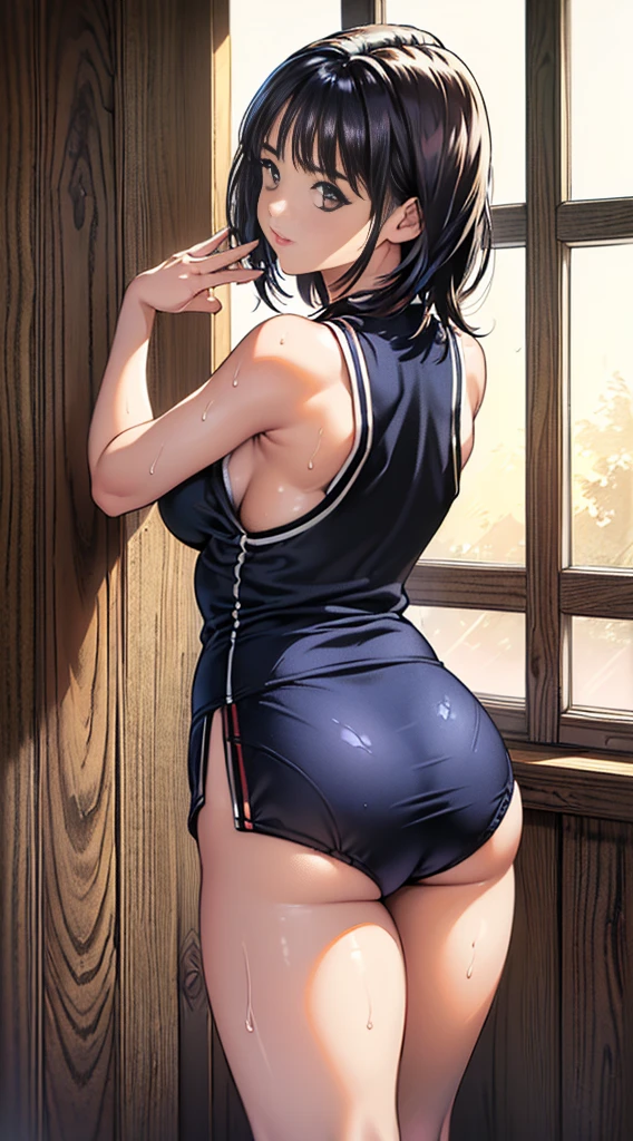 master-piece, hyper quality, hyper detailed, perfect drawing, Solo, high-resolution, high school girl, school uniform, miniskirt: (0.7), backwards, buttocks sticking out, big round buttocks, standing figure, ((panties fully visible)), tanned skin: (1.2), cute smile, tan marks: (1.5), (((baggy socks)) ), portraits, bust ups, shooting from the back diagonally, changing rooms, locker rooms, panties down, beautiful backgrounds, detailed drawings, accurate drawings.