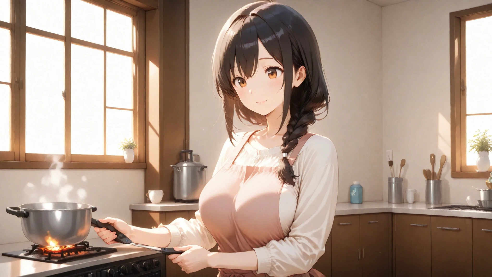 (small breasts:1.3), (perky chest:1.1), (pointed chest:1.0), (Pudding cake magazine cover:1.3)，(from above:1.0),(from side:0.9),masterpiece, 1girl, Amazing Cleavage:1.1, thin waist, big ass, Raised sexy, small breast: 1.3, posed cleavage:1.2、solo, looking at viewer, open mouth, have a cute grass of cute beergrass,black hair, dark green eyes, dress, bare shoulders, jewelry, collarbone, sidelocks, hairband, earrings, indoors, off shoulder, :o, sweater, arms behind back, plant, short hair with long locks, gild hairband, off-shoulder dress, sweater dress, off-shoulder sweater, red sweater, dark gord hair, big side hair, very long side hair,is rendered in (masterpiece: 1.2, best quality), with (ultra high resolution) and an exquisite (depth of field). This masterpiece is not only visually stunning but also tells,A scene of cooking in the kitchen by classroom 