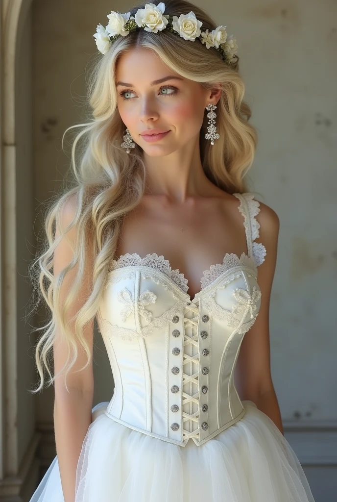 Realistic full body photo of a smiling blonde woman with long hair, Braided hairstyle, She dances in front of the camera in a long A-line wedding dress with straps made of shiny satin., Park,glamour fotoshooting, Wedding celebration, perfect ???????, perfect blue eyes. Perfect hands with 5 fingers on each hand, Matching girl, look into the camera, 1 Frau. (Eye make up:1.1), (highly detailed skin:1.1), spirit, analog style, keen focus, 8K  UHD, dslr, good quality, Fujifilm XT3, Grain, Award-winning, ​masterpiece. Wedding celebration