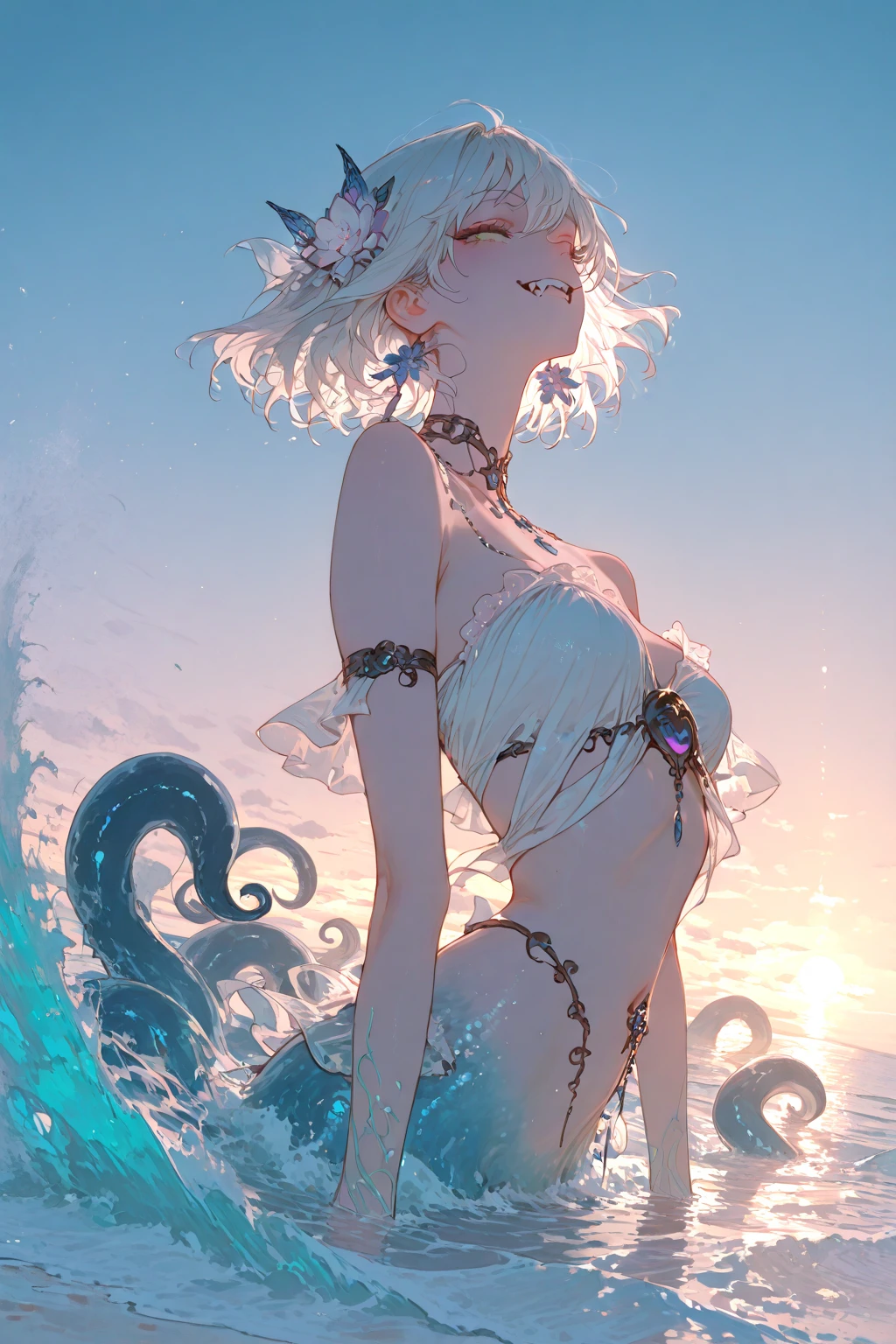 Young woman、&#39;s face、very nice、slim and beautiful、((small :1.2))、Well-drawn eyes、Charming eyes、double tail、Wear jewelry and pearls around your neck，Transparent openwork、Deep V、crystal pearl、在Wear jewelry and pearls around your neck，White hair, showing hips, bare shoulders, show Clavicle, Yao Liu, barefoot，((whole body))、painful posture