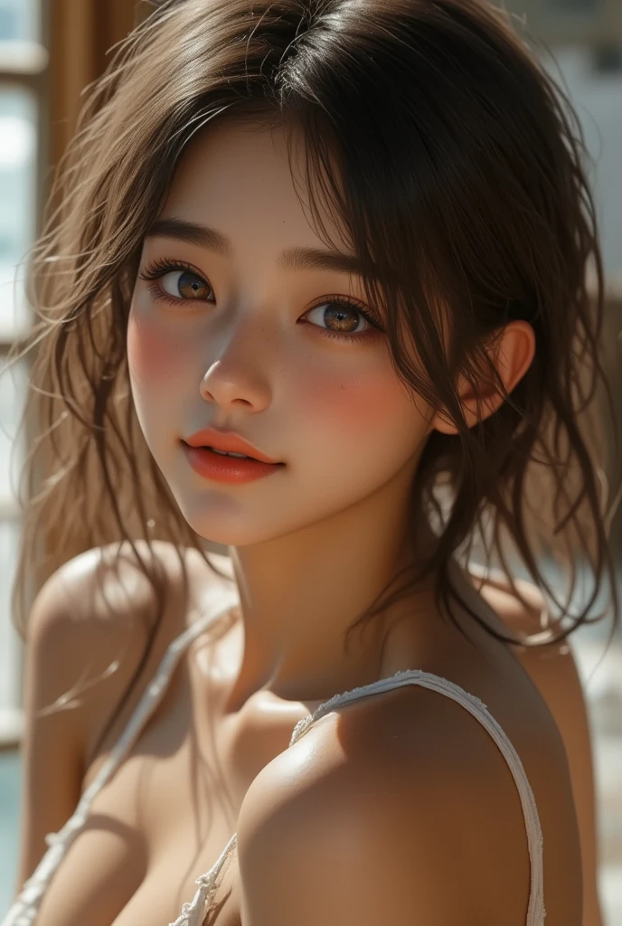The prompt for the first theme is as follows: (Highest quality, 8k, masterpiece:1.3), Perfect Face, Korean, Medium sized breasts, Realistic Face:1.2, Highly detailed face, Detailed eyes, Big eyes, double eyelid, Detailed lips, Detailed Hair, Detailed skin, The beauty of sports, short wavy black hair, White sports bra, smile, early morning, Sweat, Looking into the camera.