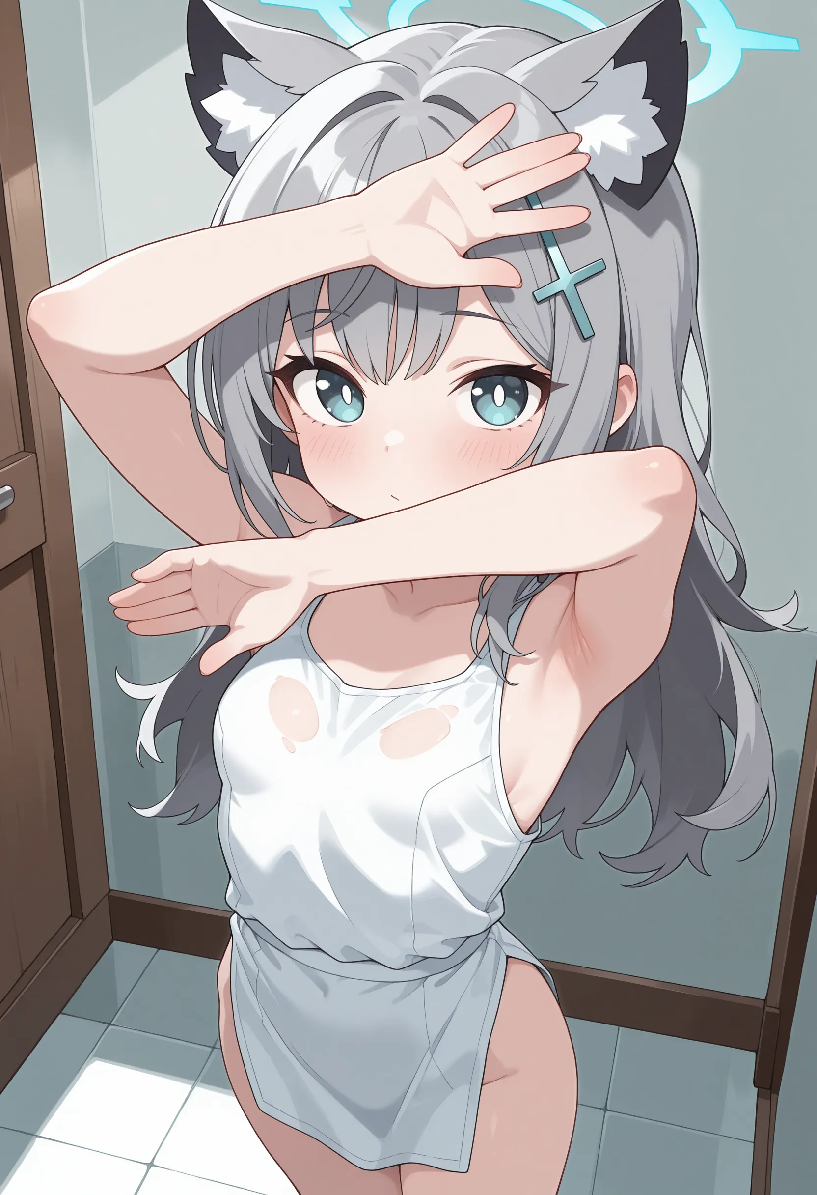 ((Highest quality)),((Very detailed)),masterpiece,Absurd,Detailed face,Beautiful Face,(Fine grain, Deep Eyes),(One girl),((Dynamic pose)),where, One girl, blue eyes, Long Hair, Hair between the eyes, Grey Hair, bangs, Black hair band, Flirting with my lover in my room、Armpit sweat,Shyness,clear,High exposure,Having my armpits licked,His arms are tied and he is hanging from a rope,男にMy breasts are being massaged,Sitting cross-legged,whole body,Topless,Nipples are erect,In underwear,Facing forward,Being hugged from behind,Peeing,whole body,Slender body,Small breasts,Completely naked、Being hugged by a man,My breasts are being massaged、With legs apart