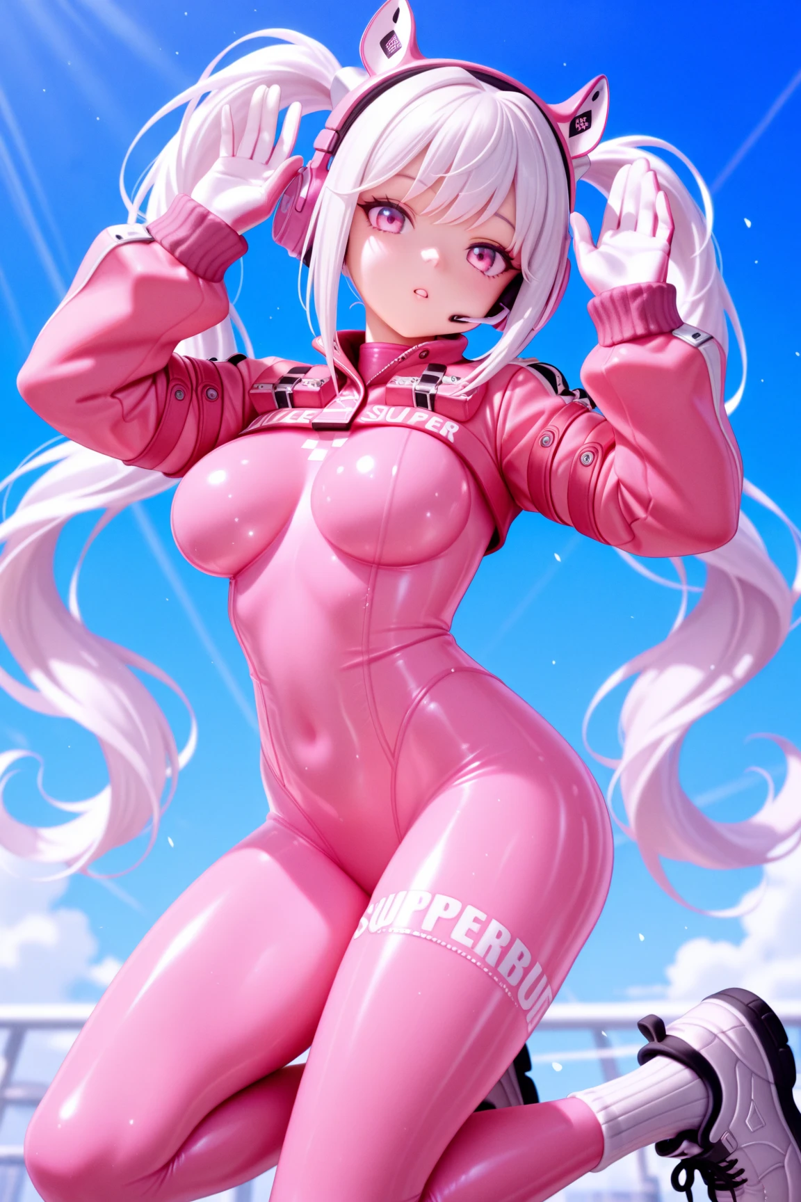 (RAW photo, best quality, masterpiece:1.2), (realistic, photo-realistic:1.4),(masterpiece:1.4),(best quality:1.4),1girl, solo, :d, animal ear headphones, animal ears, arms up, bangs, blush, bodysuit, breasts, bunny pose, clothes writing, covered navel, cowboy shot, cropped jacket, fake animal ears, gloves, outdoor,morning,snow, hair intakes, headphones, impossible bodysuit, impossible clothes, jacket, large breasts, latex, latex bodysuit, long hair, long sleeves, looking at viewer, large breasts, multicolored gloves, open mouth, pink bodysuit, pink eyes, red eyes, red jacket, shiny clothes, shrug \(clothing\), sidelocks, skin tight, smile, thigh gap, thighs, twintails, very long hair, white gloves, white hair,alice \(nikke\),(shiny skin),realistic,