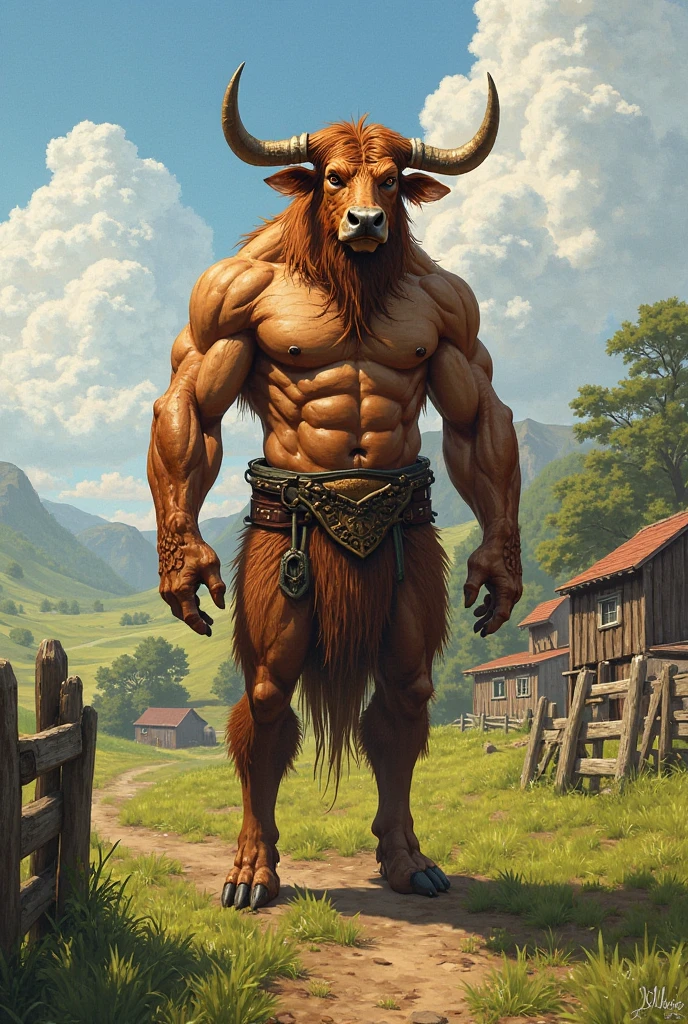 "Full body, muscular minotaur in a contemplative pose, chiseled features, deep-set eyes sparkling with wisdom, intricate details showcasing the labyrinthine scar tissue on his bulging biceps and muscular torso, realistic rendering with high-quality textures, set against a dimly lit cave backdrop filled with shadows and flickering firelight, masterpiece by renowned artist 'ArturAurum'."