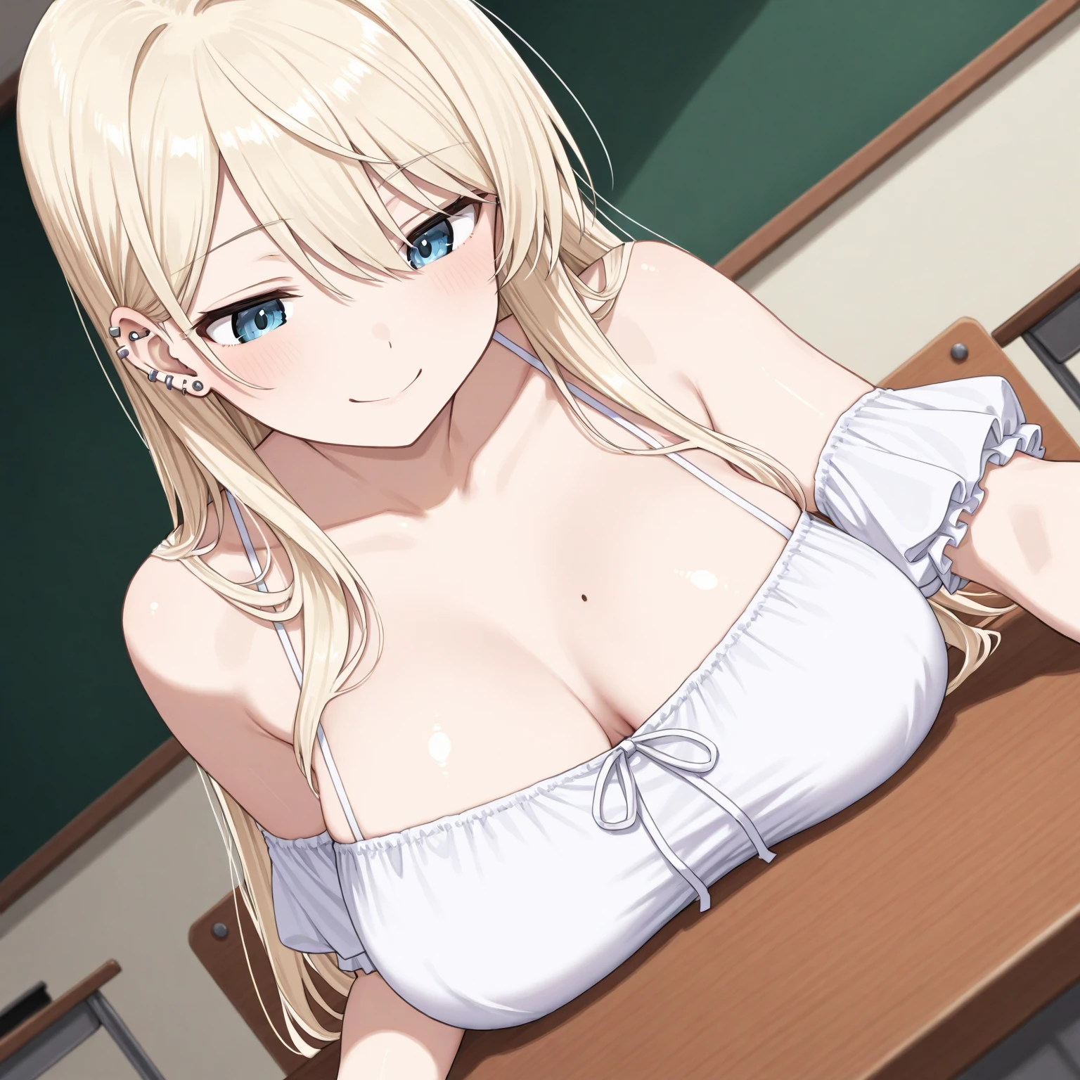 1female, kawaii, solo, school, blonde, eyes dark blue eyes, sexy, ((short skirt, white panties, cameltoe, open legs)), sitting, blonde hair, BREAK, bangles, necklaces, earrings, loafers, (nipples, , slender), (nsfw:1.1), at classroom,