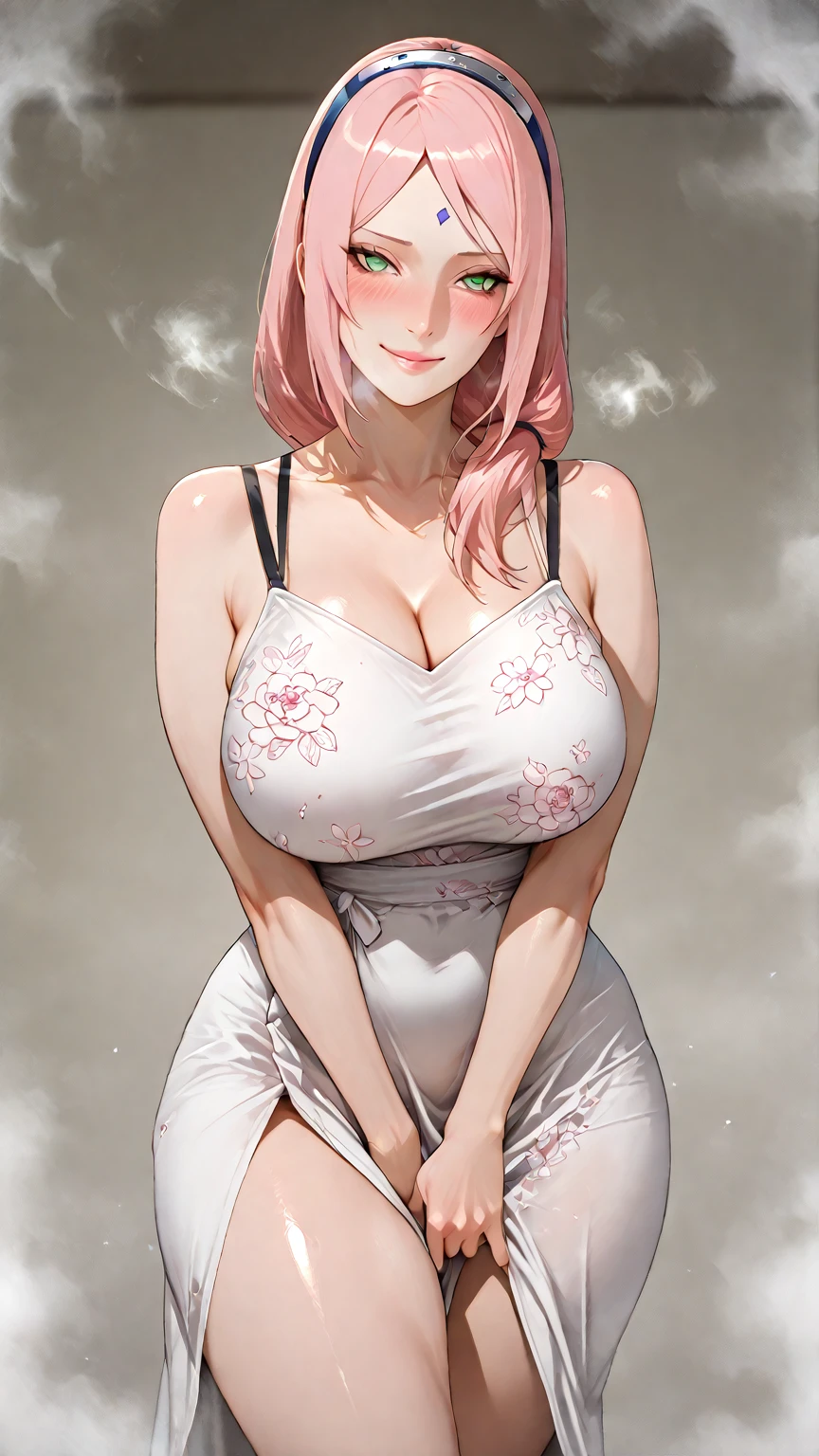  Large breasts, Cute girl, holding a wine glass, big sized breast,  white belt on her neck, shiny skin, open neckline, white apron, sleeveless, cleavages, ultra realistic eyes , garden outside, pink cooler hair, bright green eyes, ultra realistic detailed eyes, innocent eyes, looking at camera, long hair,