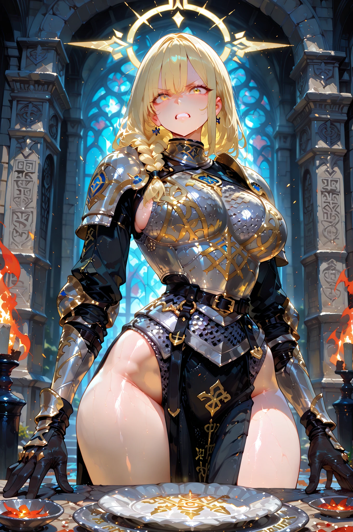 beautiful woman with short white hair, orange inferno eyes, wolf ears and a braided ponytail. She is wearing a revealing, sexy, fantasy knight armor with legplates. Her body is muscular and she is incredibly sexy. Her eyes are orange. She has strong, muscular arms and thick thighs. Wide hips.