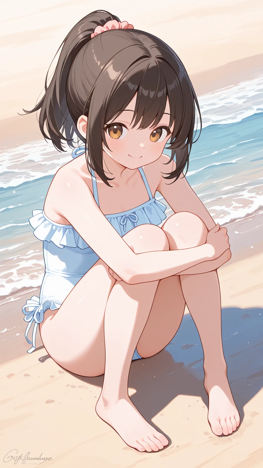 A cute little lowteen anime girl, short brown wavy hair, id shot, anime style, big shiny brown eyes, fox ears, 11 years old, summer, swimsuits,seaside,smile