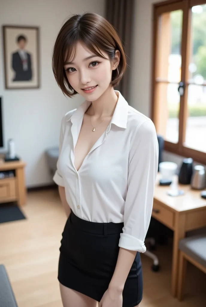 (8K, 最OK品質, On the table:1.2), (Practical, Realism:1.37), Extremely detailed, 1 girl, whole body, outdoor, (Adjust Hair:1.5) Office female staff, Black office blazer, office skirt, (Pantyhose 黑色 :1.2), (Button-down cropped down shirt:1.2), Upcolor prim with button, Colorful down with buttons, OK, (Pantyhose:1.2), Alpha Layer, High heel, beautiful earrings, Lovely, Solitary, Beautiful and detailed sky, (Smile:1.15), (Shut up), Small Breasts, Beautiful and delicate eyes, business attire, (Naked meat,ear length short hair:1.2), Flowing HairNovaFrogStyle,