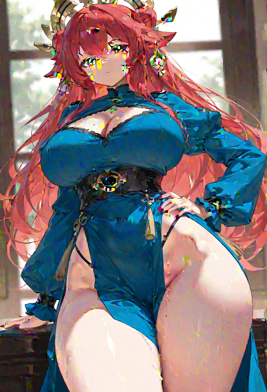 ((masterpiece)), ((best quality)), ((illustration)), ((anime coloring)), ((8k)), nsfw, vulgarity, (large pointy breasts), narrow waist, big ass, ((detailed lacework sheer blue tight dress)), stockings, cute, a anime 20s female, ((dark skin:1.4)), red hair, green tale, ponytail, smile, ((front view)), bedroom, night,