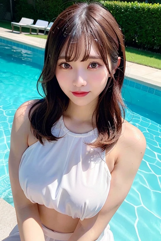 ((top-quality、8k、masterpiece:1.3))、完璧な体型を持つかわいい1女性:1.4、Slender Abs:1.3、((ligh brown hair、realistic big breasts:1.2))、(Wear an open towel pyjama:1.5)、(Towel mat、Use a towel mat to lie poolside、on the poolside:1.2)、Highly detailed facial and skin texture、A detailed eye、二重まぶた、Top Bikini Breasts、(Ultra-thin bikini material:1.5)、 Protruding pattern of top bikini、