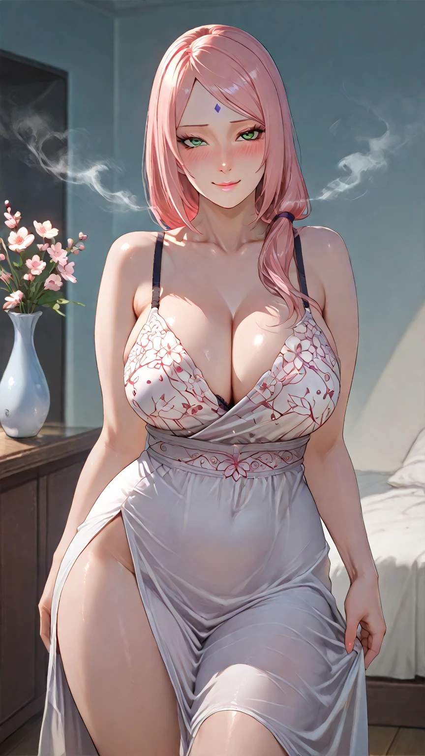 (8K、masterpiece、Highly detailed background、high resolution)、(mitsuri kanroji)、Cleavage、(On the bed、yukata、Gravure pose、Place hands on crotch、Spread your legs、underwear)、((NSFW))