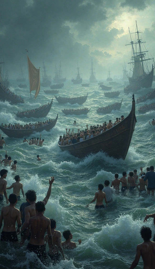 [Core Concept] A dramatic, apocalyptic scene depicting people struggling to survive in the midst of the biblical flood, as described in the story of Noah's Ark.

[Character Description] Desperate figures, both men and women, thrashing and reaching out in a futile attempt to stay afloat amidst the churning, turbulent waters. Their faces contorted in anguish, bodies twisted and submerging one by one.

[Environment/Background] The chaotic, surging waves of the biblical flood, churning and crashing as far as the eye can see. Debris and wreckage floating aimlessly, a testament to the catastrophic destruction.

[Style and Atmosphere] A somber, harrowing atmosphere, conveying the profound tragedy and loss of life unfolding. The scene rendered with a dark, moody palette, heightening the sense of despair and hopelessness.

[Composition] The composition focused tightly on the struggling figures, their forms silhouetted against the vast, turbulent waters that dominate the frame. A sense of claustrophobia and entrapment conveyed through the framing.

[Details and Embellishments] Droplets of water suspended in the air, refracting the light in an ethereal, almost mystical manner. Flashes of panic and terror captured in the expressions of the doomed individuals.

[Technical Specifications] This image would be rendered in a photorealistic style, with meticulous attention to the details of the human forms, the movement of the water, and the interplay of light and shadow to heighten the realism and emotional impact of the scene.