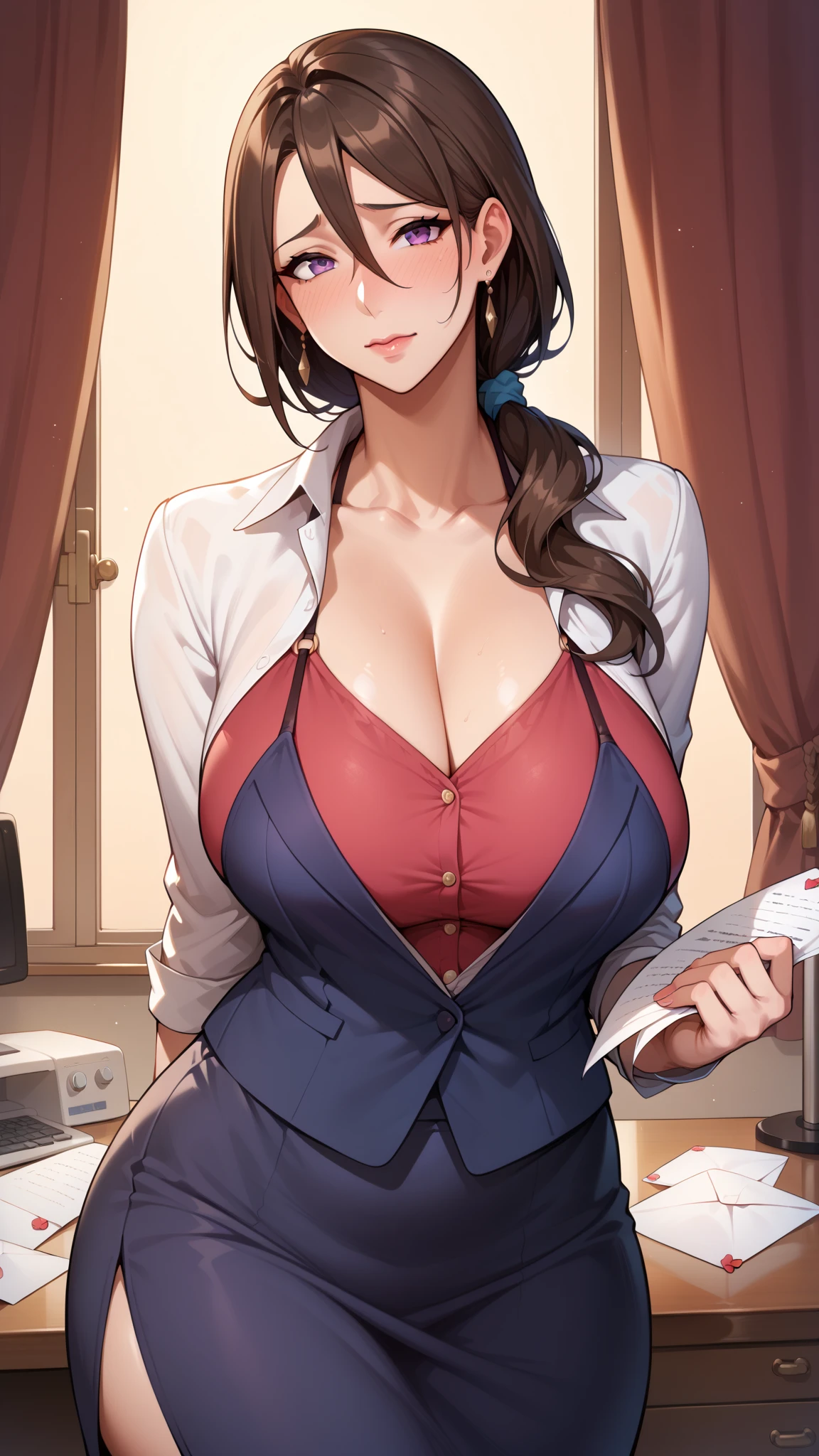 (highest quality:1.2,evil lady,cg, Very detailed, High Detail, digital coloring, High Contrast, masterpiece:1.2,suits, highest quality, Best aesthetics), 8k,masterpiece, cute,tall,beautiful,best quality, 1lady,brown hair,long hair,wavy hair,empty eyes, (finely detailed glowing eyes and detailed face),,,,extremely detailed cg unity 8k wallpaper,solo,(latex military costume:0.9),large breasts,seductive smile,,latex thighhigh,large breasts,black hair,pink eyes,no jacket,formal shirts,thighhigh,,enamel suits,grossy lips,sitting,tight skirt,sadistic smile,,heel,shiny skin,tight skirt,detailed face,beautiful body,,adult,,show me breasts,sadistic,seductive smile,business suits,latex,no tie,bust shot,((Blowjob Gestures:1.5)),open mouth,necklace,office room,from below