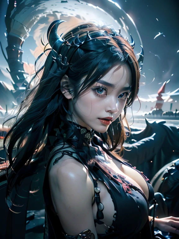 Esoteric arachnids lady, Spider Queen Elise, League of Legends, Esoteric arachnids, Combat Stance, ( body formed from metallic mauveine and metallic black liquid metallic paint twisting into a beautiful interpretation of the female figure), length, Sharp Fangs, nature, ((Complex metallic colors in the foreground)), (( Fluid Mechanics, The most beautiful smooth scale face makeup, Smirking expression)) - Dark blood, Onyxia、Noir painting of a beautiful young witch, length purple hair, dark purple lips, evil, evil female, smile, Black Prom Dress, She is coming to you, close, Bright Blue Eyes, Surrounded by swirling pink smoke, Genuine, Attention to detail, Highest quality、A beastly demon wields a vicious blade, Blood Chain, Behemoth Bones, Snake-like tentacles, Cruel Teeth, Expressions of madness, Oppressive Dungeon. 8K Vision Reveals Fear, Ultra HD detail makes monsters stand out, Grotesque shadows dance, The creature whispers, Stifling atmosphere, Vision problems, Visible Madness. blade, A flash of evil intent shines, reflect (Light) Beyond the Darkness, Elucidate (Sharp details) and、Add a dizzying dimension to the impending chaos.
