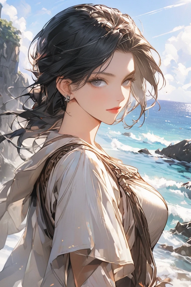 (masterpiece, realistic:1.4), (extremely intricate:1.2)>, close shot , portrait,(upper body:1.2), (from front:1.3), 191971 dress, backless dress, (long dress:1.2), very long hair, breasts, bare shoulders, sky, ocean, water, looking at viewer, italian, head tilt, wind, cloud, sunlight, outdoor, 1girl, solo, BREAK, cinematic light, ultra high res, 8k uhd, film grain, perfect anatomy, exquisitely detailed skin, best shadow, delicate, RAW,highres,