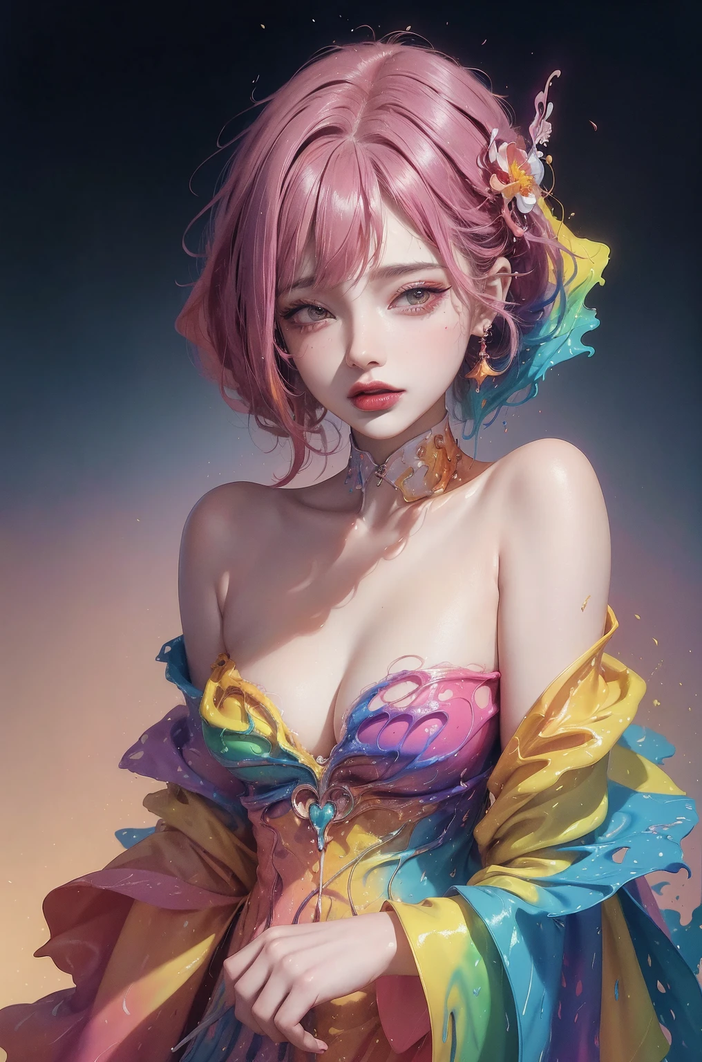 (masterpiece, top quality, best quality, official art, abstract aesthetic),solo,(1girl),(upper body|full body),a woman with colorful lipstick,psychedelic dripping colors,small breasts,best of behance,inspired by Alberto Seveso,smooth digital artwork,behance art,stunning digital art,beautiful acrylic fluid portrait,cgsociety saturated colors,photorealistic digital arts,trending digital art,surrealistic digital artwork,glossy digital painting,exquisite digital fashion photography,uhd,