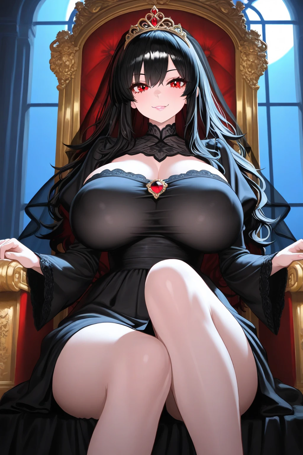 Sexy asian woman, big breasts , vampire cosplay, leather, black and red cape, choker, vampire teeth, sitting in a gothic throne, legs crossed, high heels, seductive portrait 