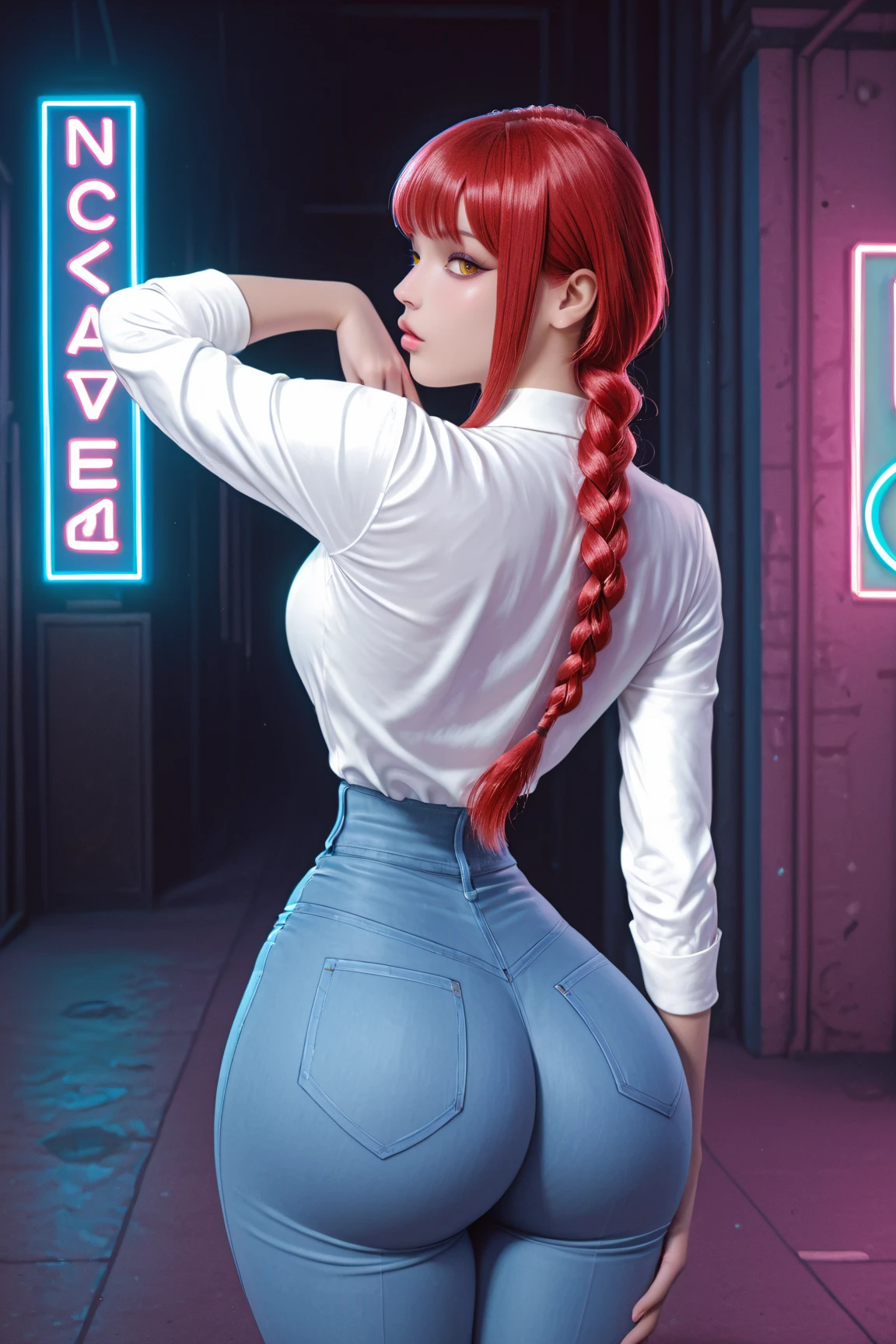 masterpiece, best quality, 25 years old beautiful woman, long hair, (mature face:1.4), 1woman, solo, crop top, red leggings, choker, (from behind:1.4), plumb ass, thick thighs, thin waist, (graffiti:1.5), paint splatter, arms behind back, against wall, looking at viewer, armband, thigh strap, paint on body, head tilt, bored, multicolored hair (pink, blue), aqua eyes, headset