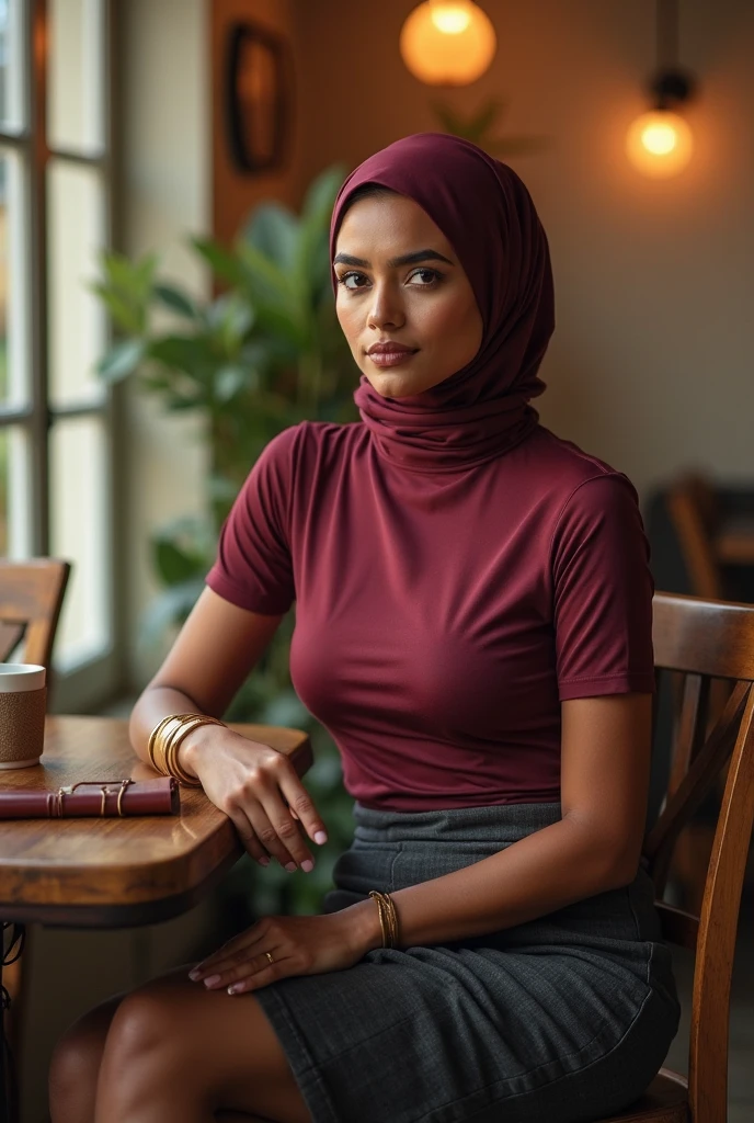 with black headscarf, white long sleeve t shirt, black sweatpants, Sexy woman in white stockings talking to her friends in the garden.