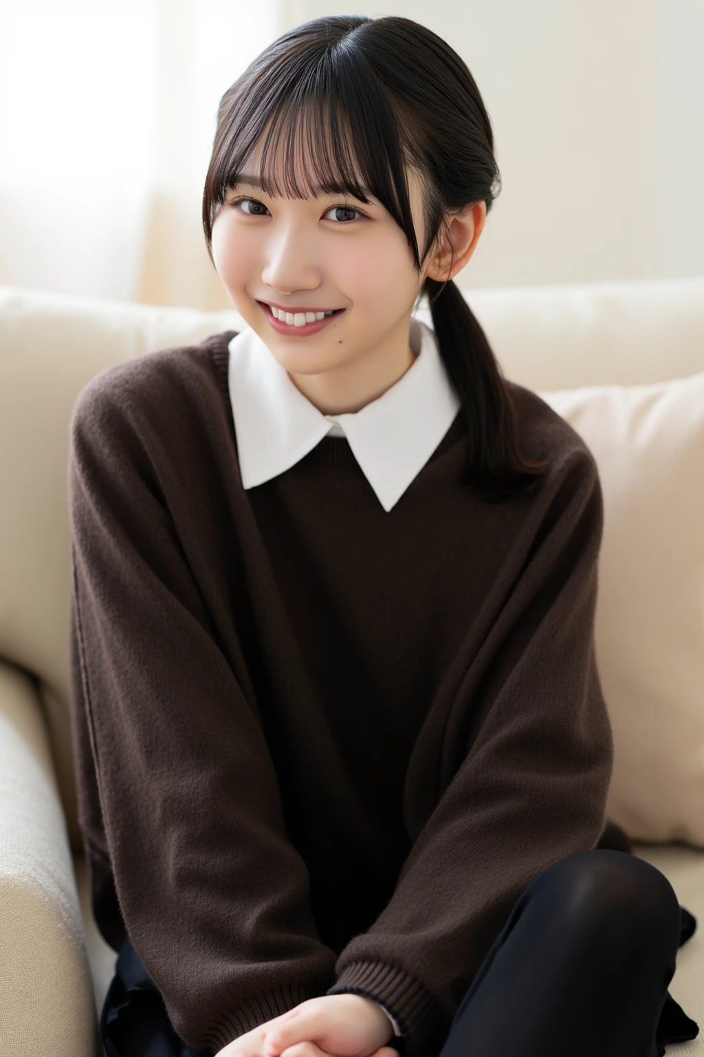 (((Japanese)))(10-year-old girl) ((((10-year-old girlが一人、alone)))) whole body写真 Full Shot Medium Short Hair Low ponytail whole body Thighs Oversized with long sleeves and hem(mesh)sweater Gathered skirt Black pantyhose cute Moe sleeves Long sleeves Shot from between the legs Spread your legs Spread your legs Smile and squint between legs