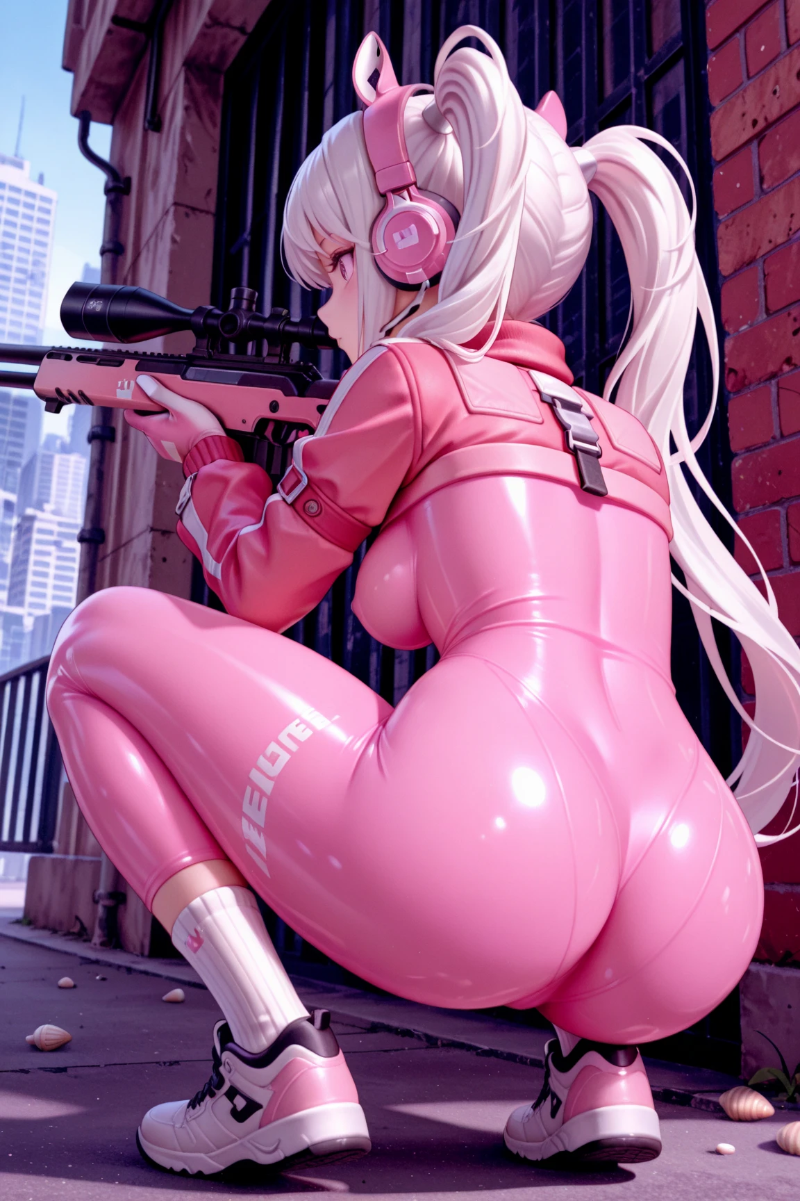 (latex optic:1.2), from behind, woman, solo, breasts, headphones, sleeveless, bracelet, jewelry, underwear, swimsuit, fur trim, white topwear, pink pouch, (panties), (white clothes), thick thighs, wide hips, winter, snow, outdoors, detailed <lora:more_details:0.3> blonde long hair
<lora:LCM_LoRA_Weights_SD15:1>
<lora:eggnami:1.1>