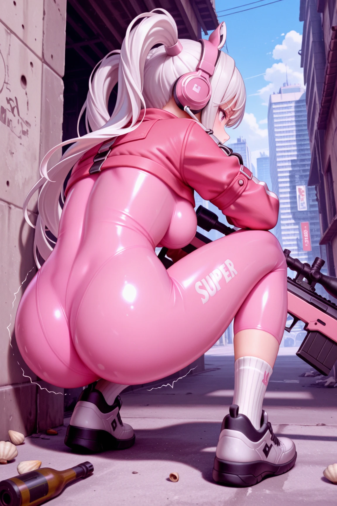 (Photorealistic: 1.4), Best Quality, Ultra High Resolution, 4K, Instagram, High Detailed, Alice (Nikke), Animal Ears, Artificial Animal Ears, Gloves, Headphones, Headset, Jacket, Pink Bikini, Pink Eyes, Bending Over Hard, Sweat, Behind, White Hair, Pointed the Center of the Ass Directly at the Viewer, VirtualGirl-Aim, ,normal breasts, big thigh, long hair, crystal pendant, smile,
