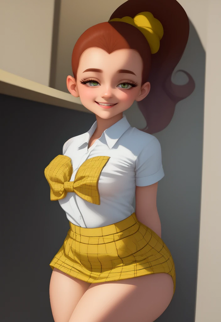 (masterpiece:1.4), (best quality:1.4), (high resolution:1.4), cartoon style, LuanLoud <lora:LuanLoud:1>, smile, brown hair, pale skin, cowboy shot, white shirt, yellow mini skirt, looking at viewer, detailed face, detailed eyes, small breasts, curvy, ribbon, ponytail, buckteet, artstation female body, from the front, dynamic pose, solo, 1girl, <lora:add_detail:0.7>