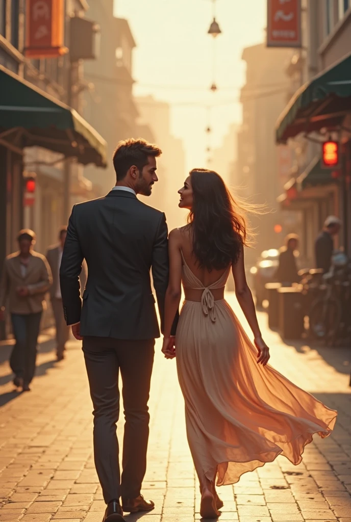 A lady and man walking in a busy street by holding hands more crowd