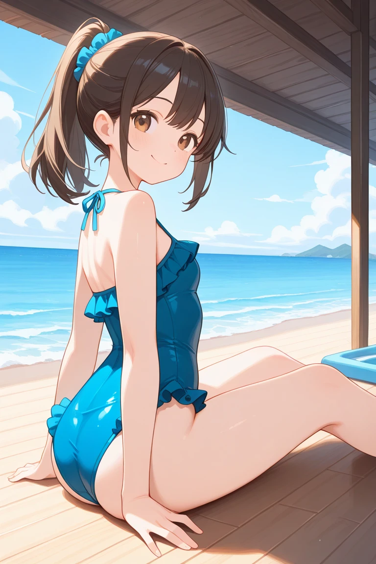summer、Ocean、blue sky、beautiful girl、bikini、sexy、Low angle、Short Hair、Brown Hair、Small breasts