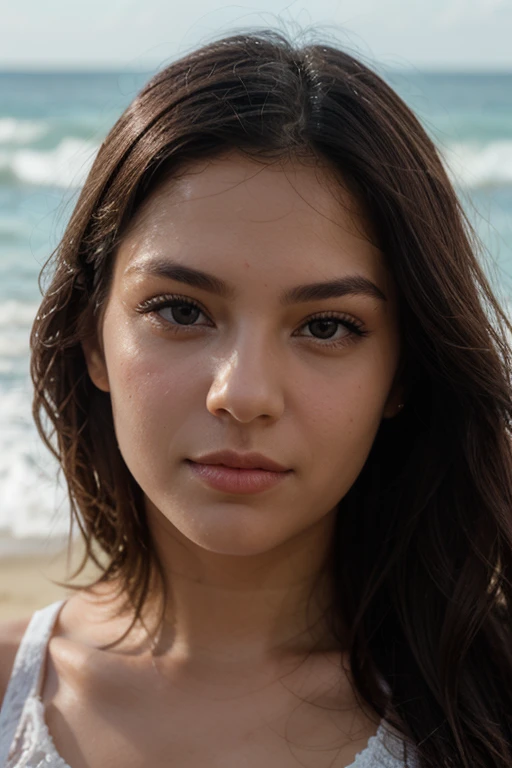 Beautiful dark hair girl wearing a white bikini, lying at the beach, Very detailed, 27 years, inoccent face, natural wavy hair, blue colored eyes, high resolution, master part, best quality, details Intricate, highy detailed, Crisp Focus, big boobs, skin detailed, texture de pele realista, texture, detailedeyes, proffesional, 4K, charmer smile, filmed in canon, 85 millimeters, shallow depth of field, Cor Kodak Vision, perfect fit body, extremely detaild, fot_\(ultra\), photoreallistic, realisitic, Post-processing, maximum details, roughness, real-life, ultra realista, fotorrealism, fot, 8K UHD