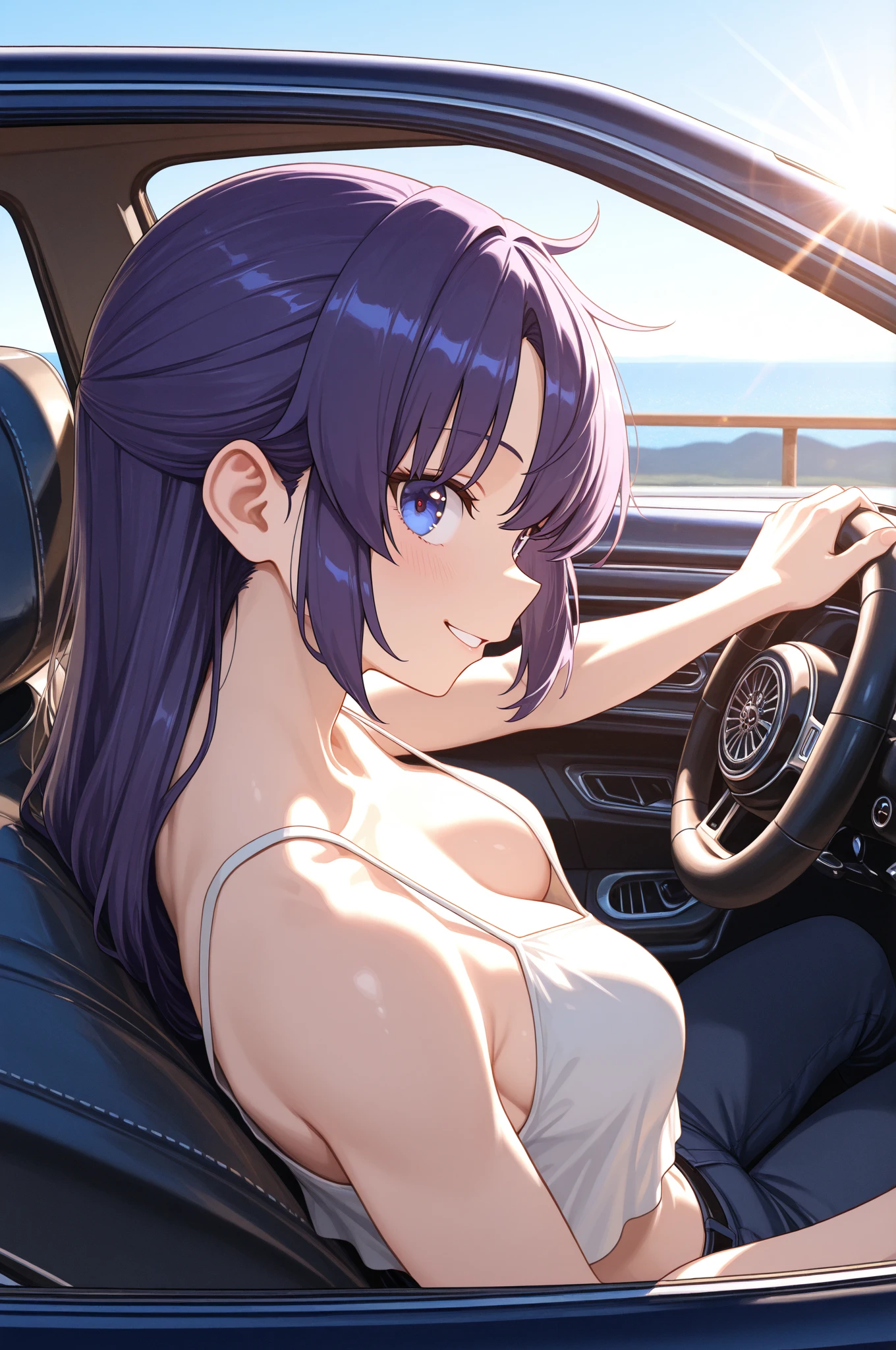 a woman wearing a white dress, inside a well-detailed luxury car, purple eyes, blue hair on a road at night, smiling

