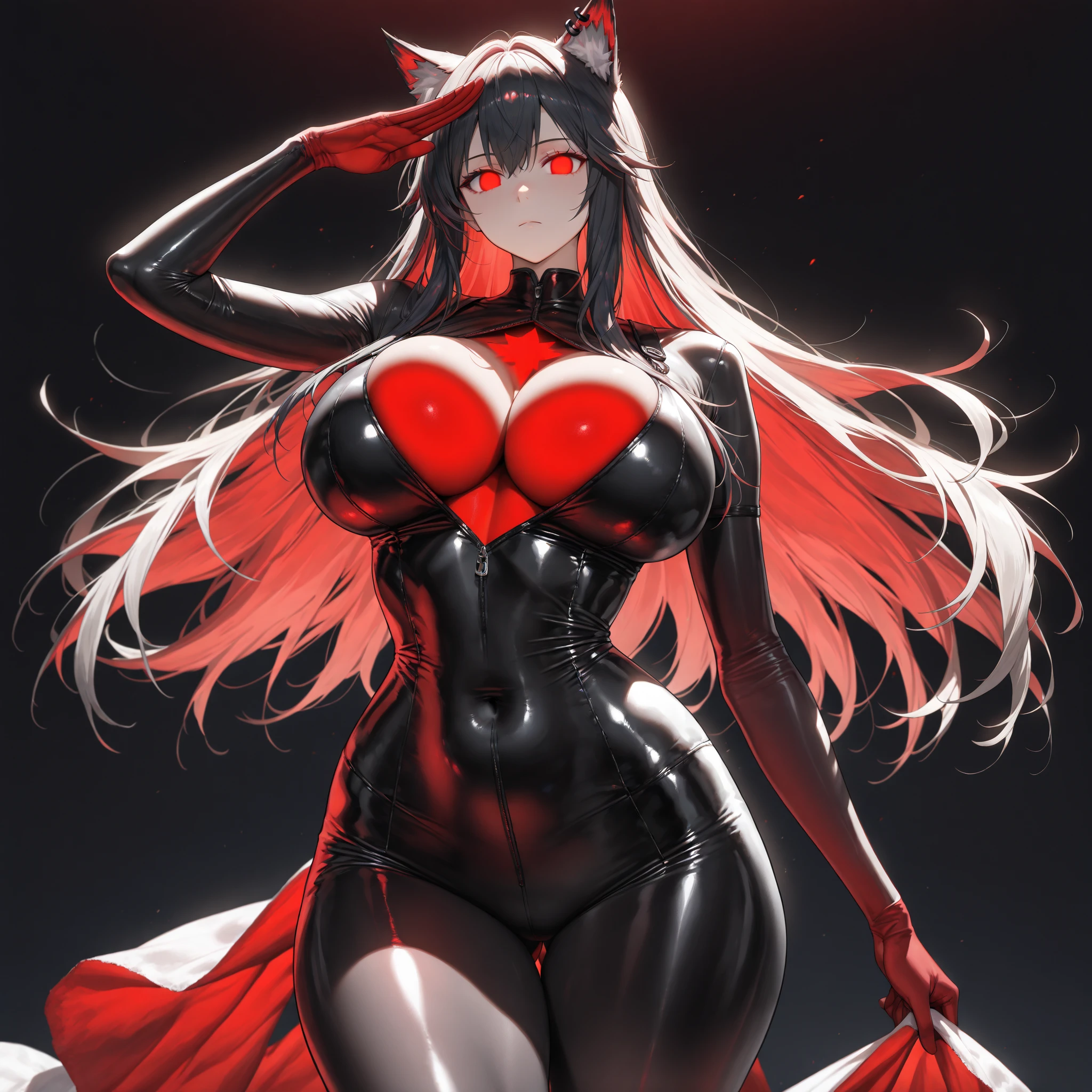 masterpiece, best quality, realistic, absurdres, perfect shadows and lighting, echanis_enicha, simple background, incredible high-key lighting, masterpiece, high quality, detailed, extremely detailed, ambient soft lighting, 4K, 1girl, alternate breast size, belly, breasts, big breasts, glowing, long hair, feathered bangs, bangs, feathered hair, navel, solo, armpits, simple background, futuristic, pale skin, gleaming skin, sweat, sweating, thick, curvy, harness, ((o-ring)), ahoge, looking at viewer, thigh highs, thigh strap, skindentation, navel, navel piercing, navel window, tight, cat ears, casual stance, underboob, boob window, skintight, smirking, varied color scheme, glowing eyes, stretching, hands behind head, (navel tattoo:1.2), (thigh tattoo:1.2), (ear piercing:0.8)