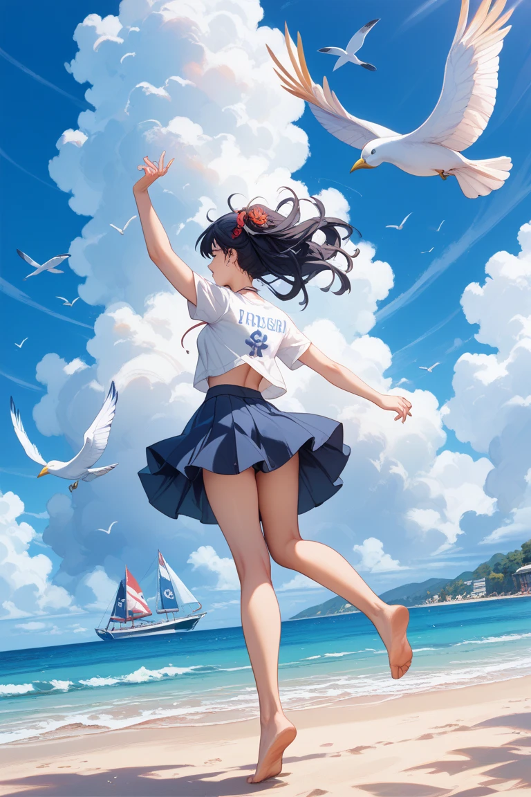 1 Girl, Seagull, Epilogue, Ocean, Bikini, Normal, Long Hair, Short Blue Hair