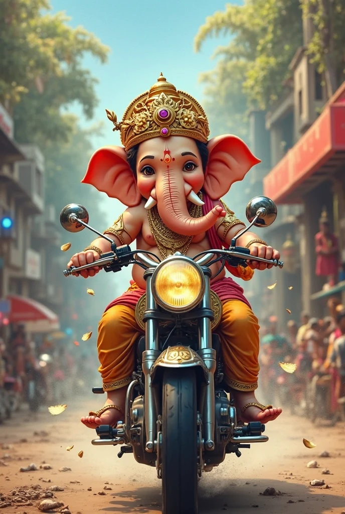 Cartoon ganpati ji standing over the bike