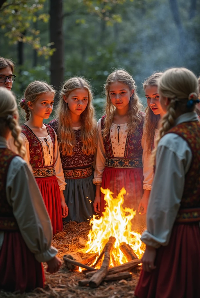 GIRL CHILDREN BLONDES WITH LOCKS, RED BACKGROUND, CANDLES WITH FIRE, LASER BEAMS.