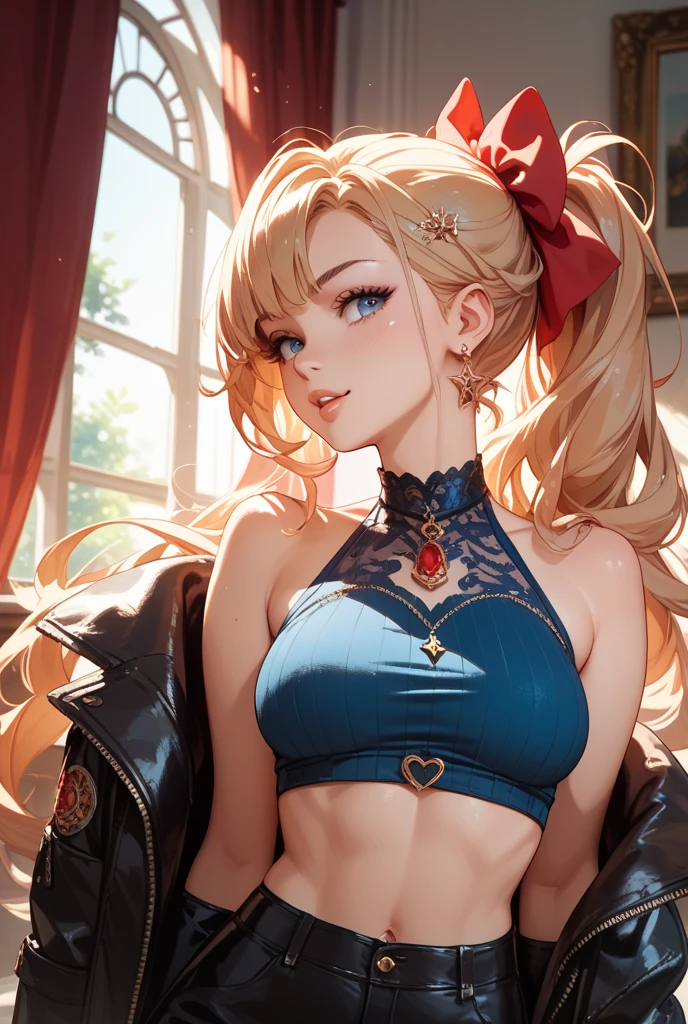 , 1girl,a beautiful fashion model ,(masterpiece, official art, best quality) (blue eyes) shiny hair, long bob, blonde hair with blonde streaks in hair, ponytail, full lips, upturned nose, big , stripping, elegant makeup, exhibitionism, naked in public, , slim thighs, toned body, shiny skin, sexy pose, blue eyes, (((arrogant, flirty)))), narrow hips, wearing high hip thong and see-through top, , ((girl wearing white open top with black bra and red plaid skirt, embarrassed)), gold hoop earrings, pink eyeshadow, thong, cute face, gym,